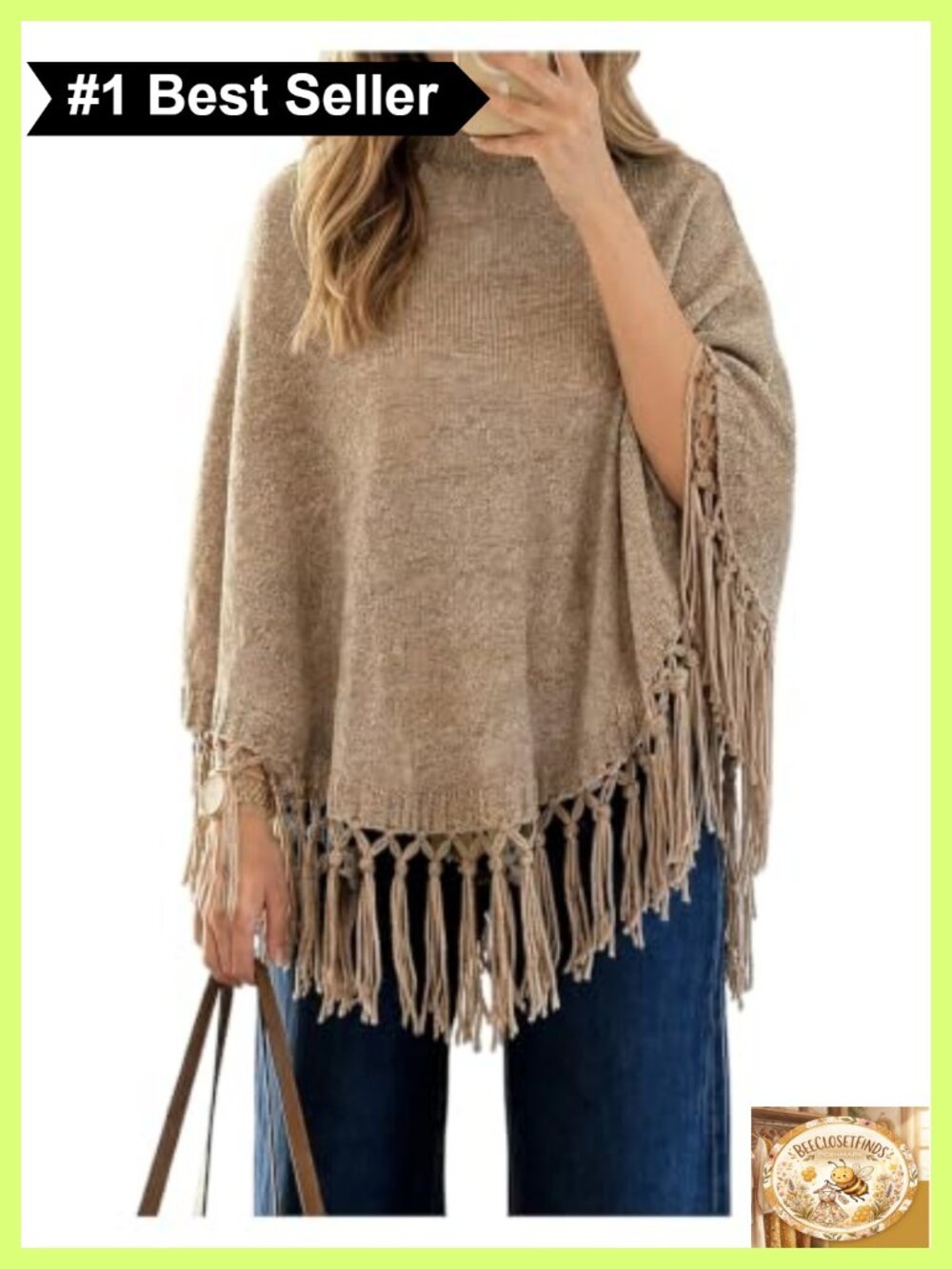 Fringe Poncho Sweater Mock Neck 3/4 Sleeve Knit Pullover Top